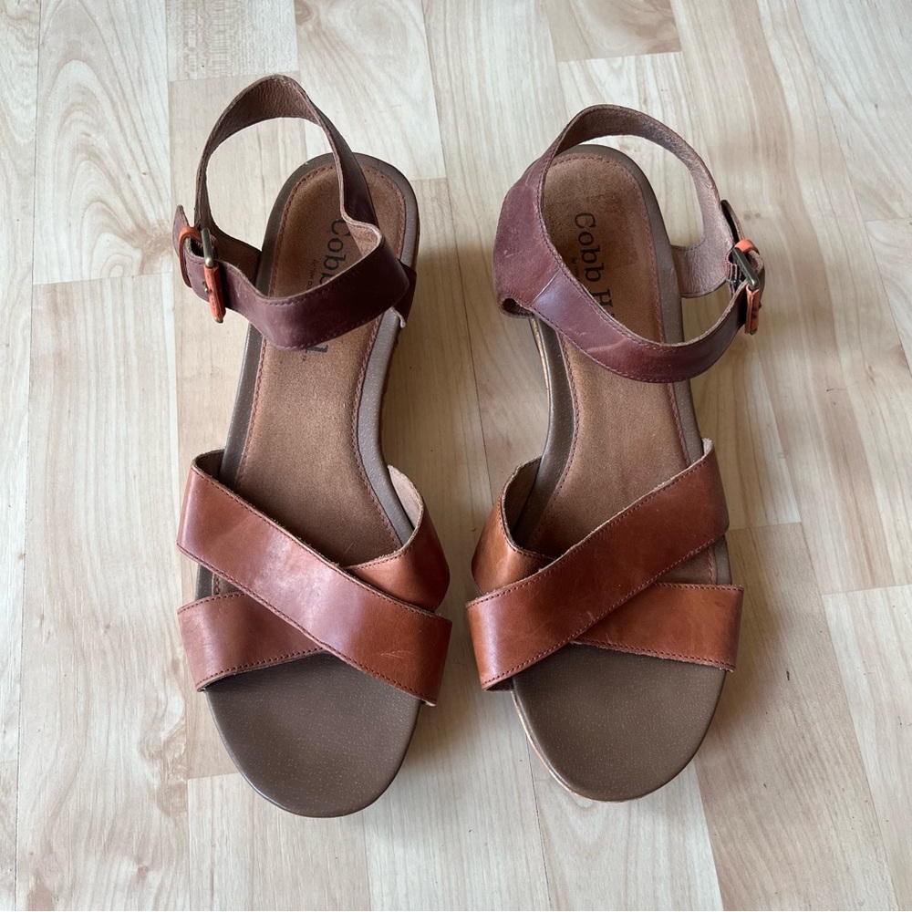 Cobb Hill by New Balance Tan and Brown Leather Crisscross Ankle Strap Sandals